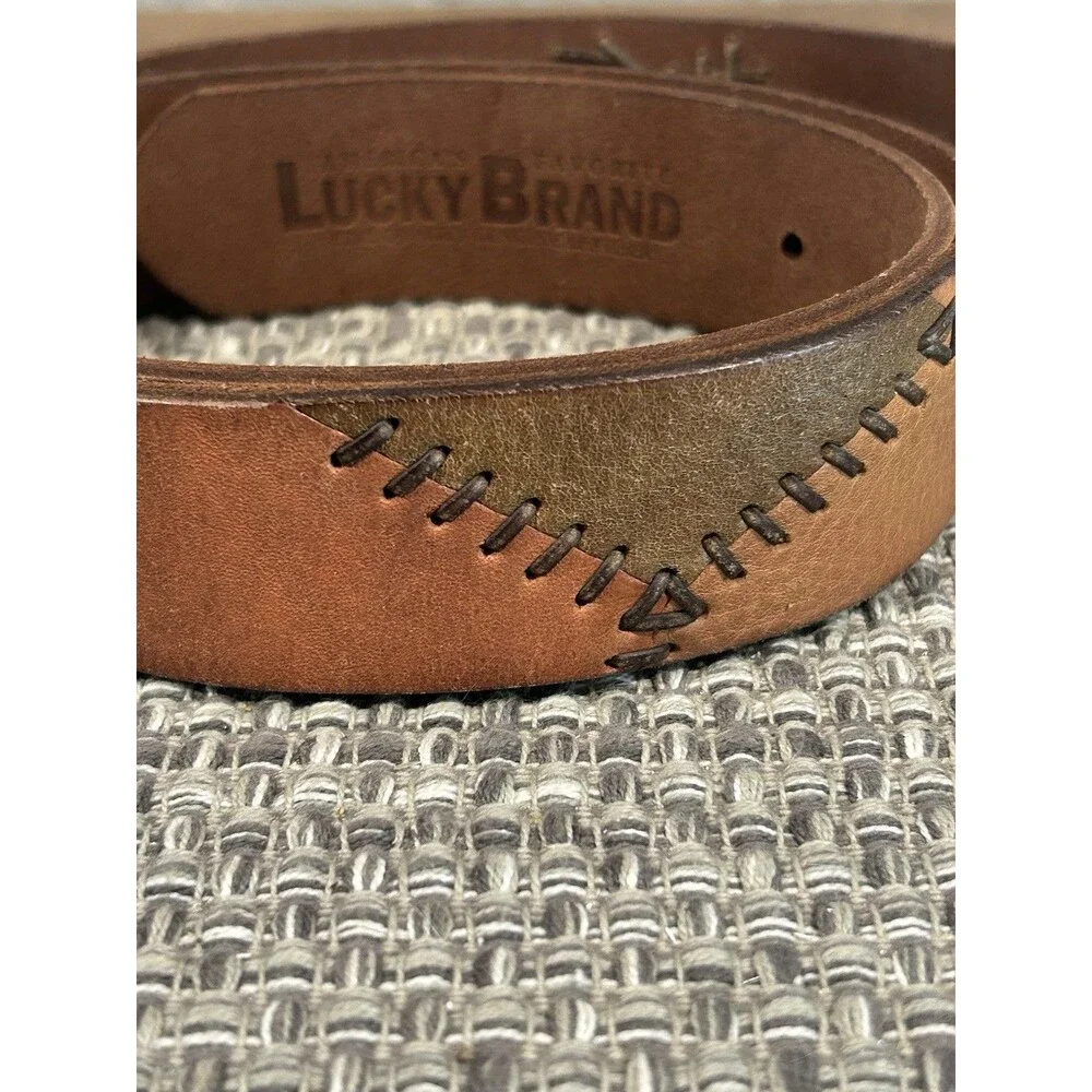 Lucky Brand Men’s Leather Belt Stitching Multi Color Leather Silver Buckle M 34”